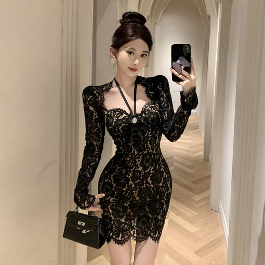 Hong Kong Style Lace Positioning Flower Irregular Halter Sheath Dress