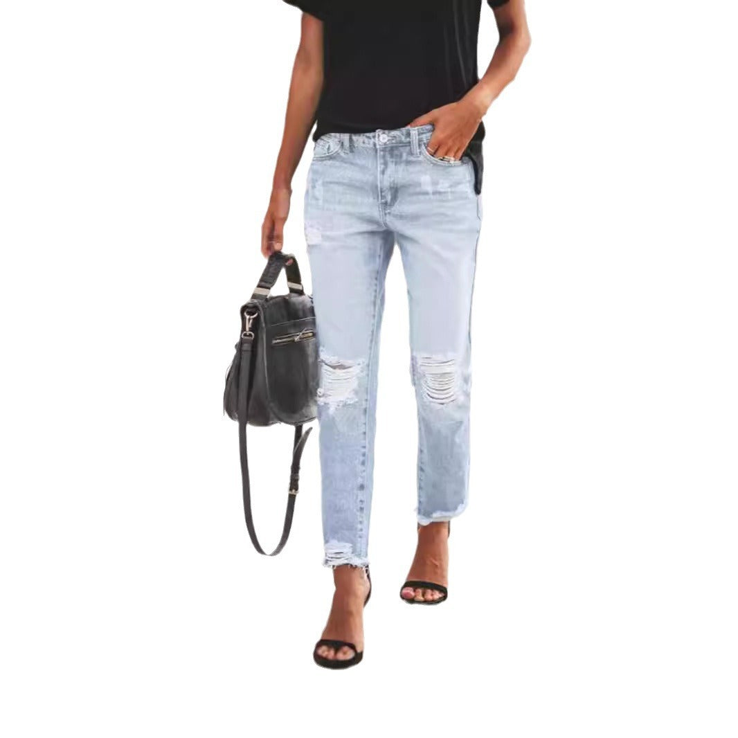 Women's Ripped Non-Elastic Retro Fashion Jeans