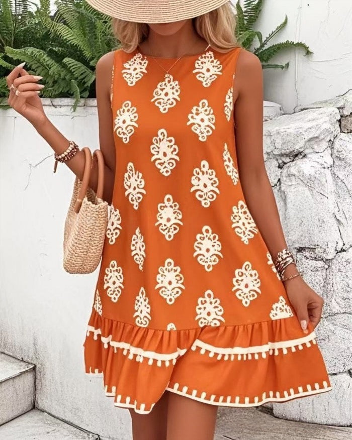 Women's Elegant Printed V-neck A- Line Skirt