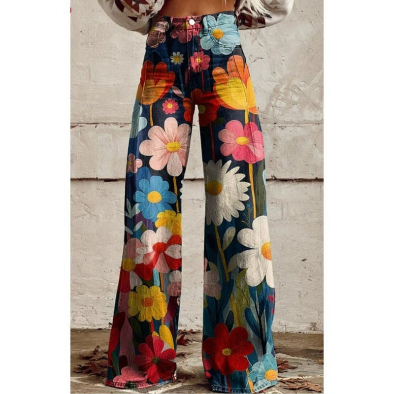 Printed High-Waist Loose Thin Imitation Denim Wide-Leg Pants