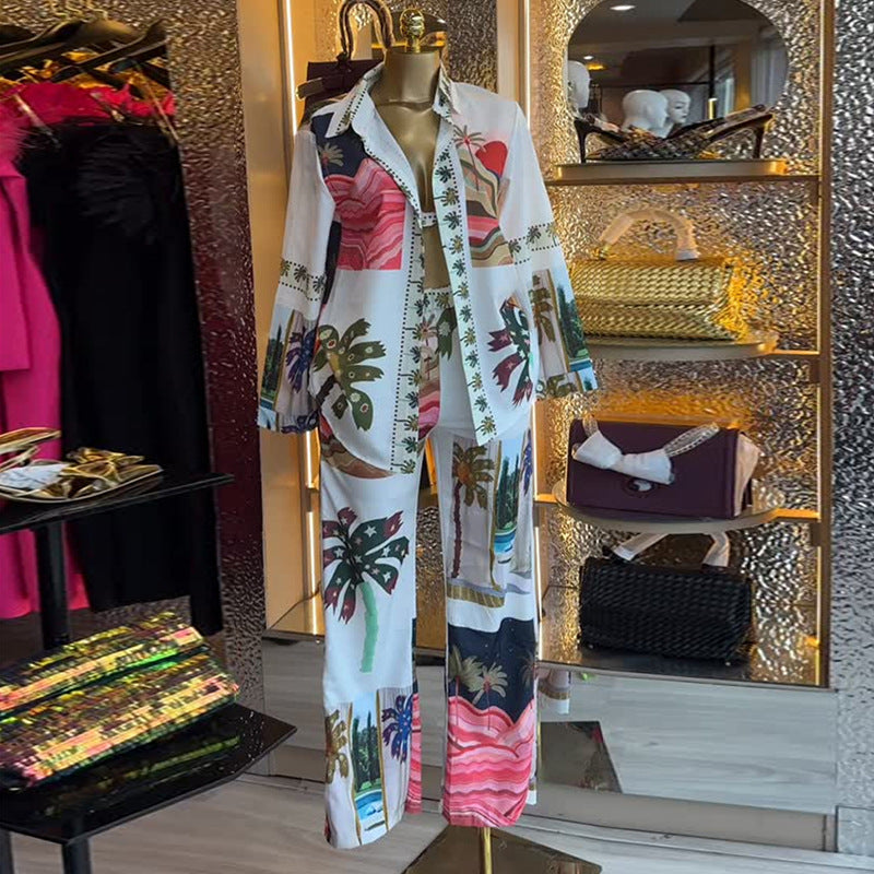 Printed Long-Sleeve Shirt Bralette & Wide-Leg Pants Set