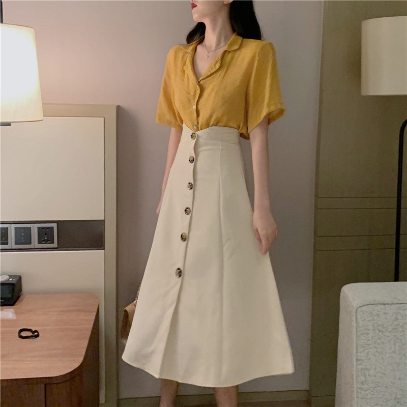 V-neck single-breasted retro umbrella skirt