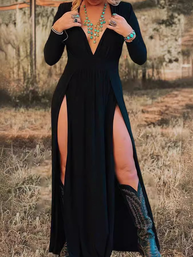Long-sleeve V-neck Solid-color Hollow-out Dress