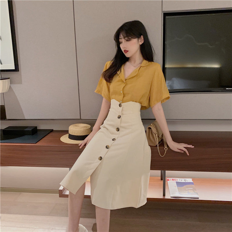 V-neck single-breasted retro umbrella skirt