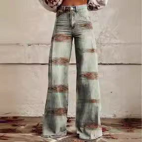 Women's 3D Printed Denim Wide-Leg Pants