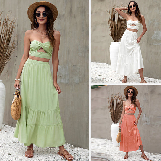 Beach-Style Pure Colour Ruffles Skirt