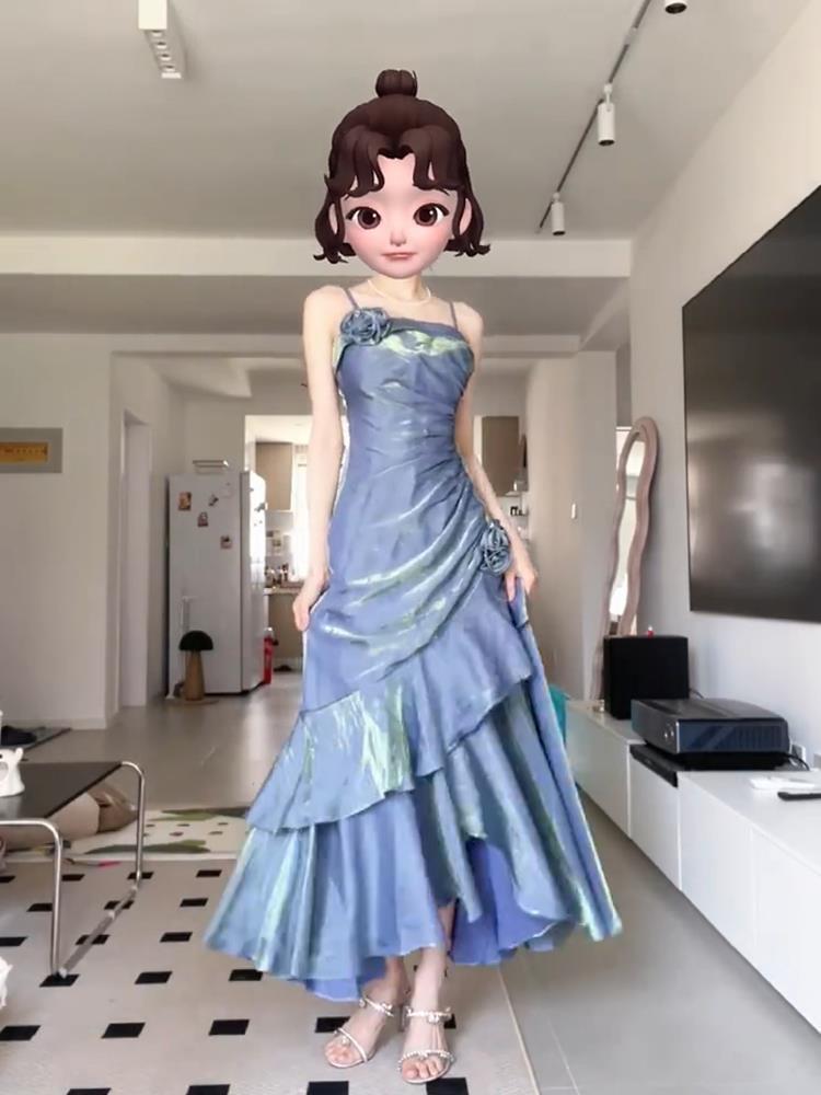 French-Style Mermaid Blue Sling Dress