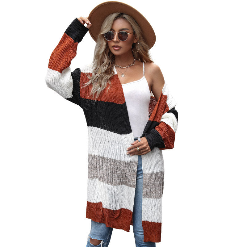 Women's Long Stitching Sweater Cardigan - Button-Free