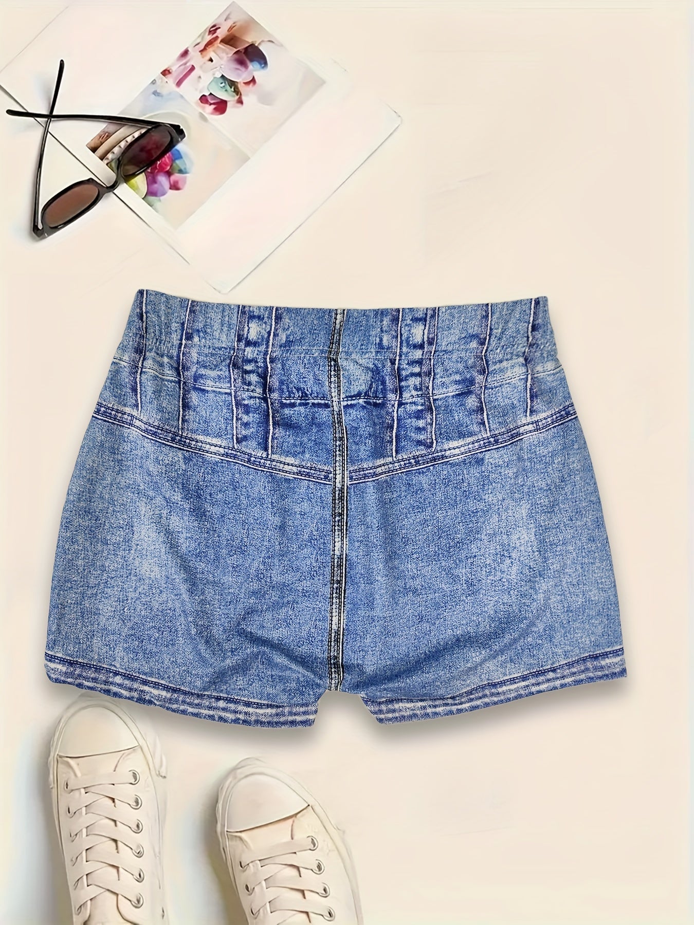 High-Waist Faux Denim Print Skinny Stretchy Shorts