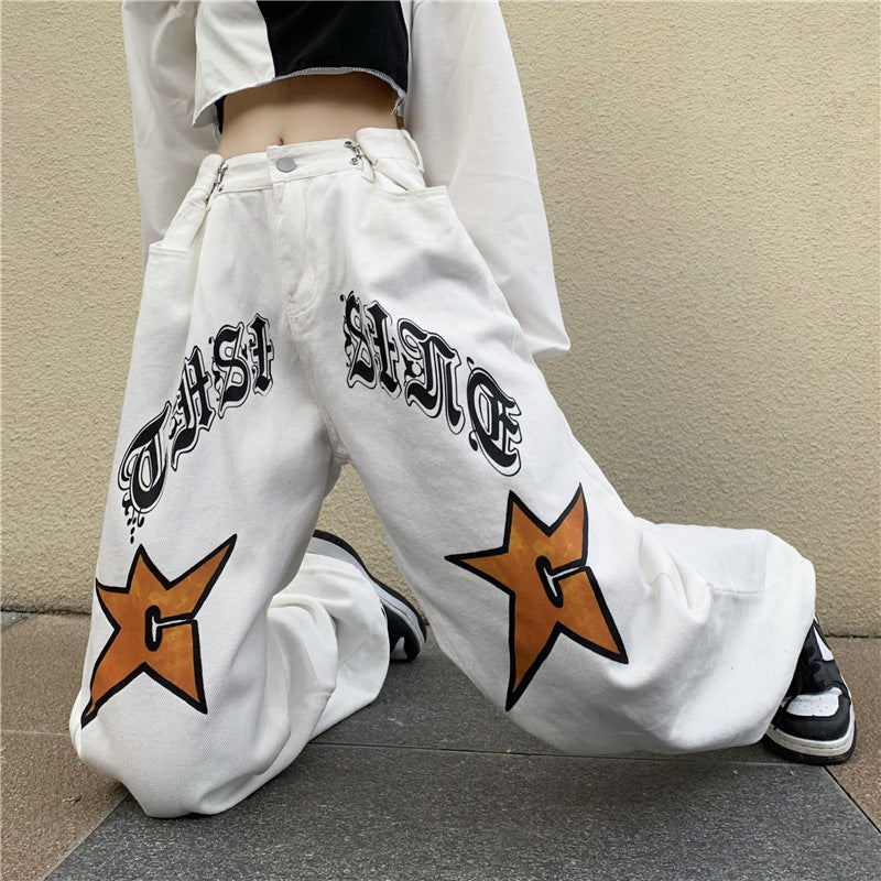 Retro Love Gothic Printed Jeans For Women -  Loose-Fitting Wide-Leg Trousers