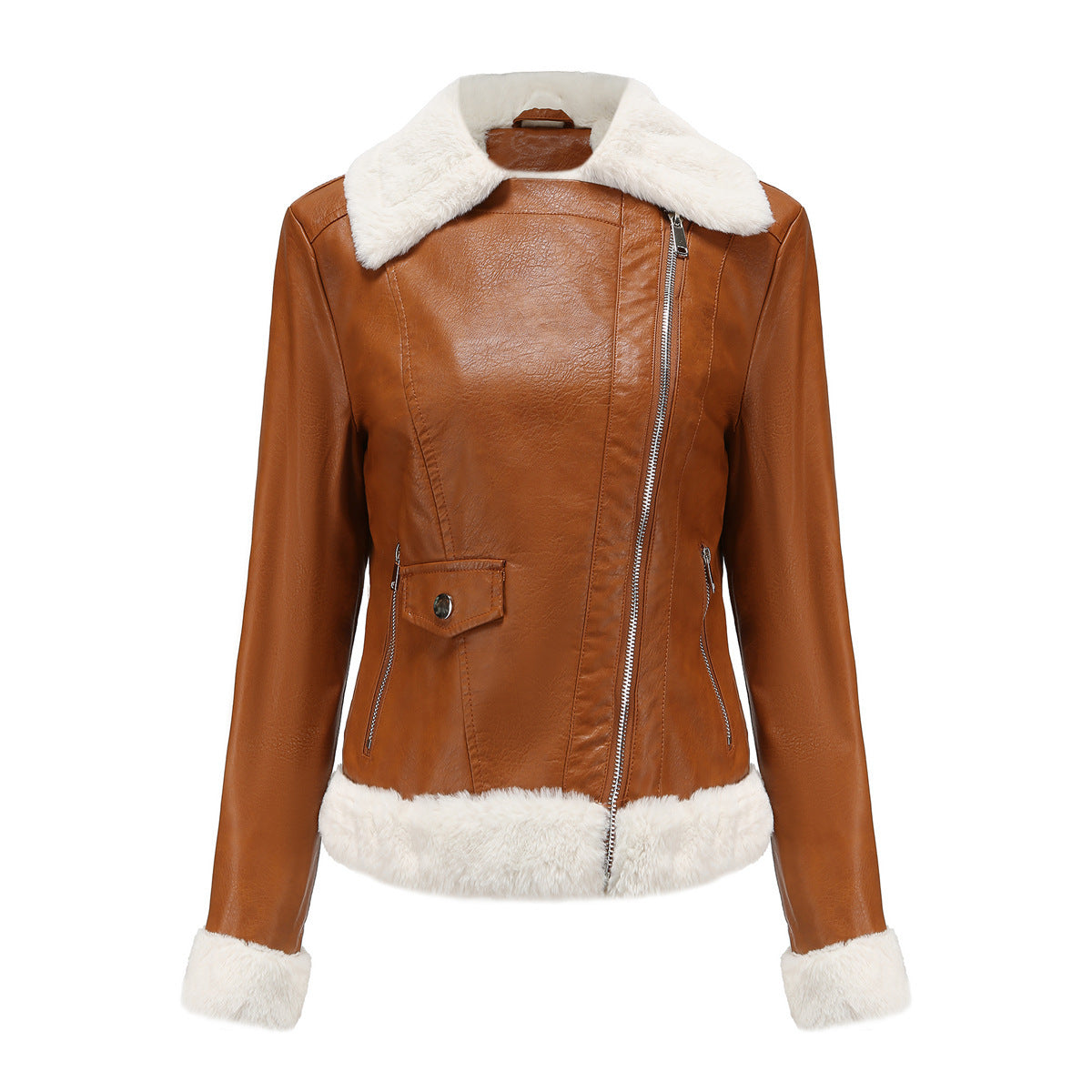 Turn-Down Collar Warm Fleece Leather Jacket