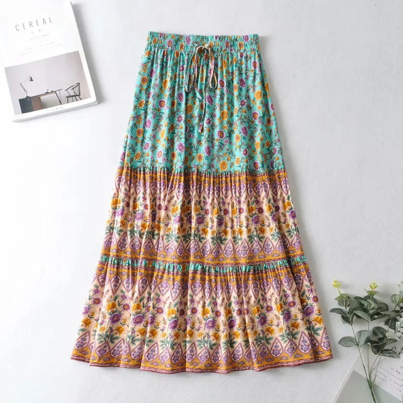 Women's Printed Elastic High-Waist Long Skirt