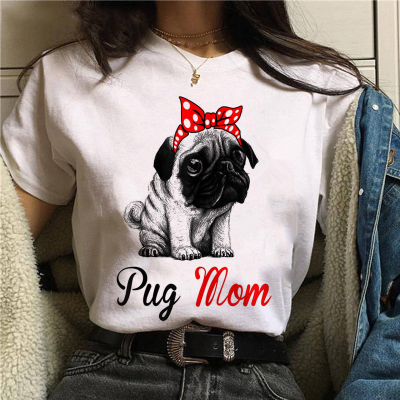 Pug Print Round-Neck Short-Sleeve Women's T-Shirt