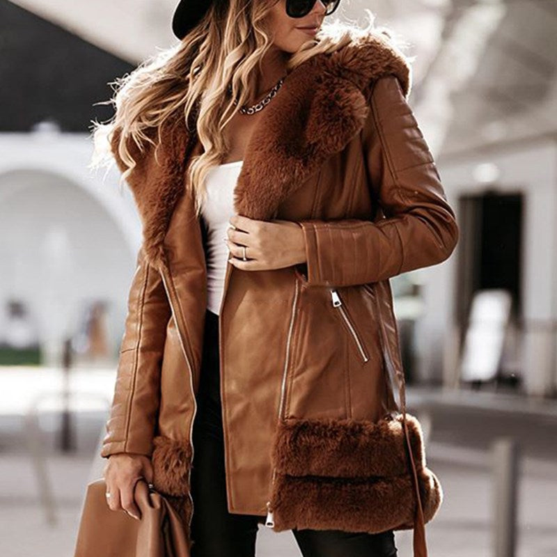 Fur-Collar Leather Coats For Women