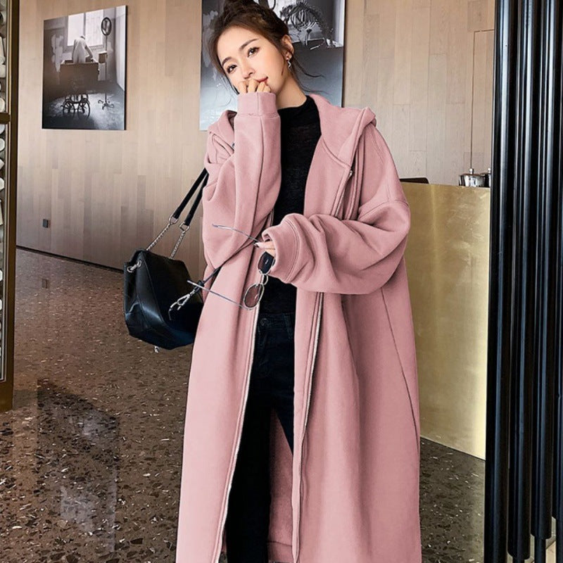 Loose-Fitting Plus-Size Pullover Hooded Fleece-Lined Thickened Long-Section Zipper Hong Kong Style Cardigan Dress