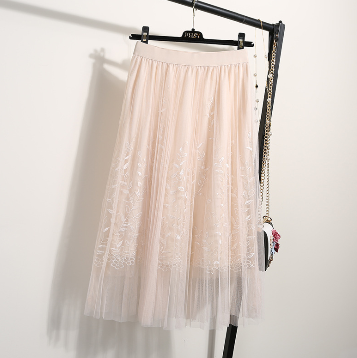 Floral Embroidery A-Line Mesh Midi Skirt