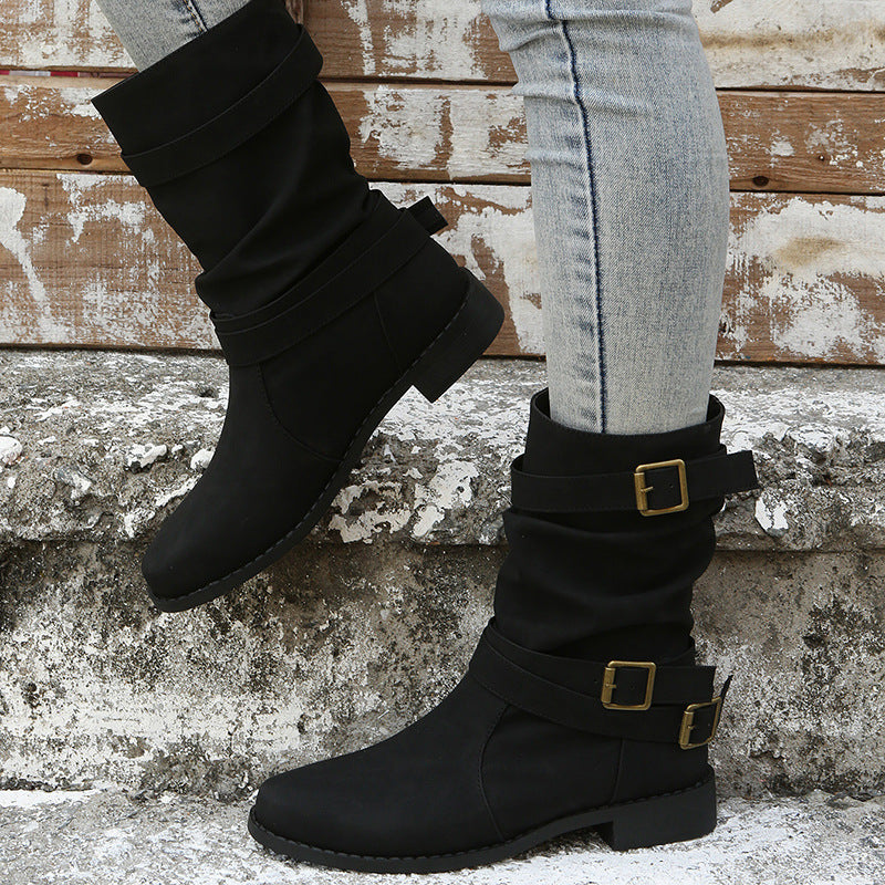 Low-Heel Vintage Adjustable-Buckle Boots