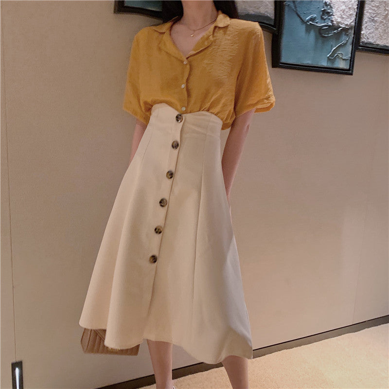 V-neck single-breasted retro umbrella skirt