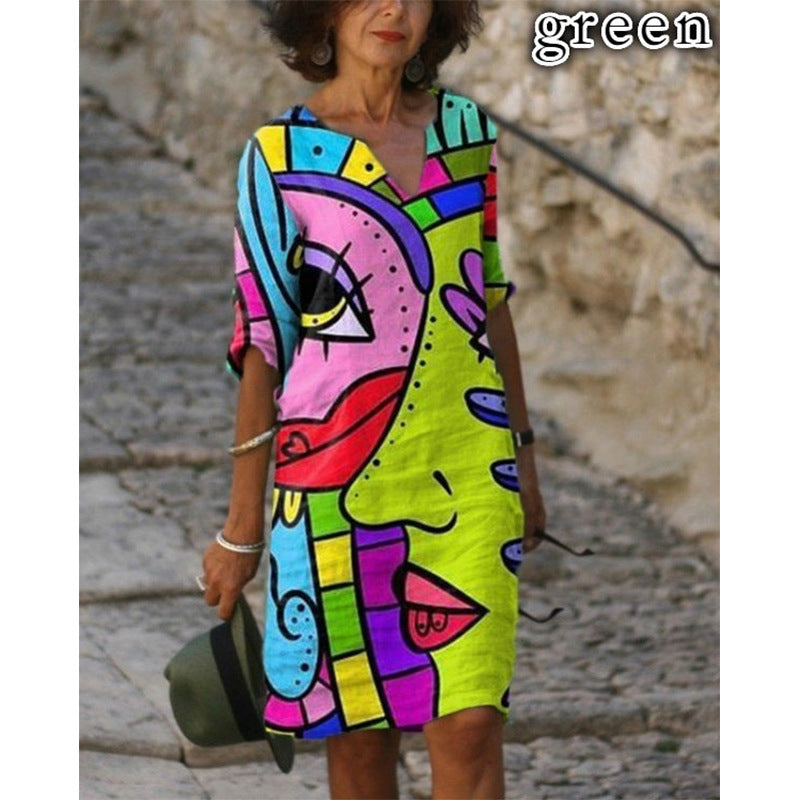 Retro Eye Print Dress V-neck Mid-length Sleeve