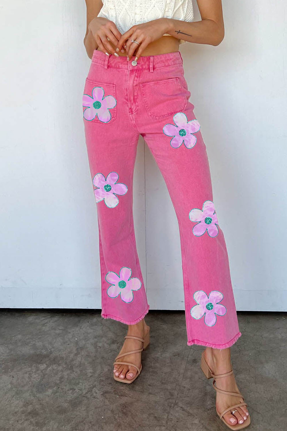 Pink Flower-Pattern Raw-Hem Flare Jeans