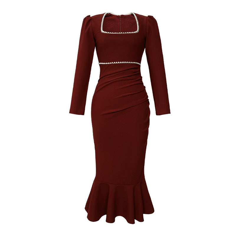 Square-Neck Cinched Slimming Fishtail Long-Sleeve Dress