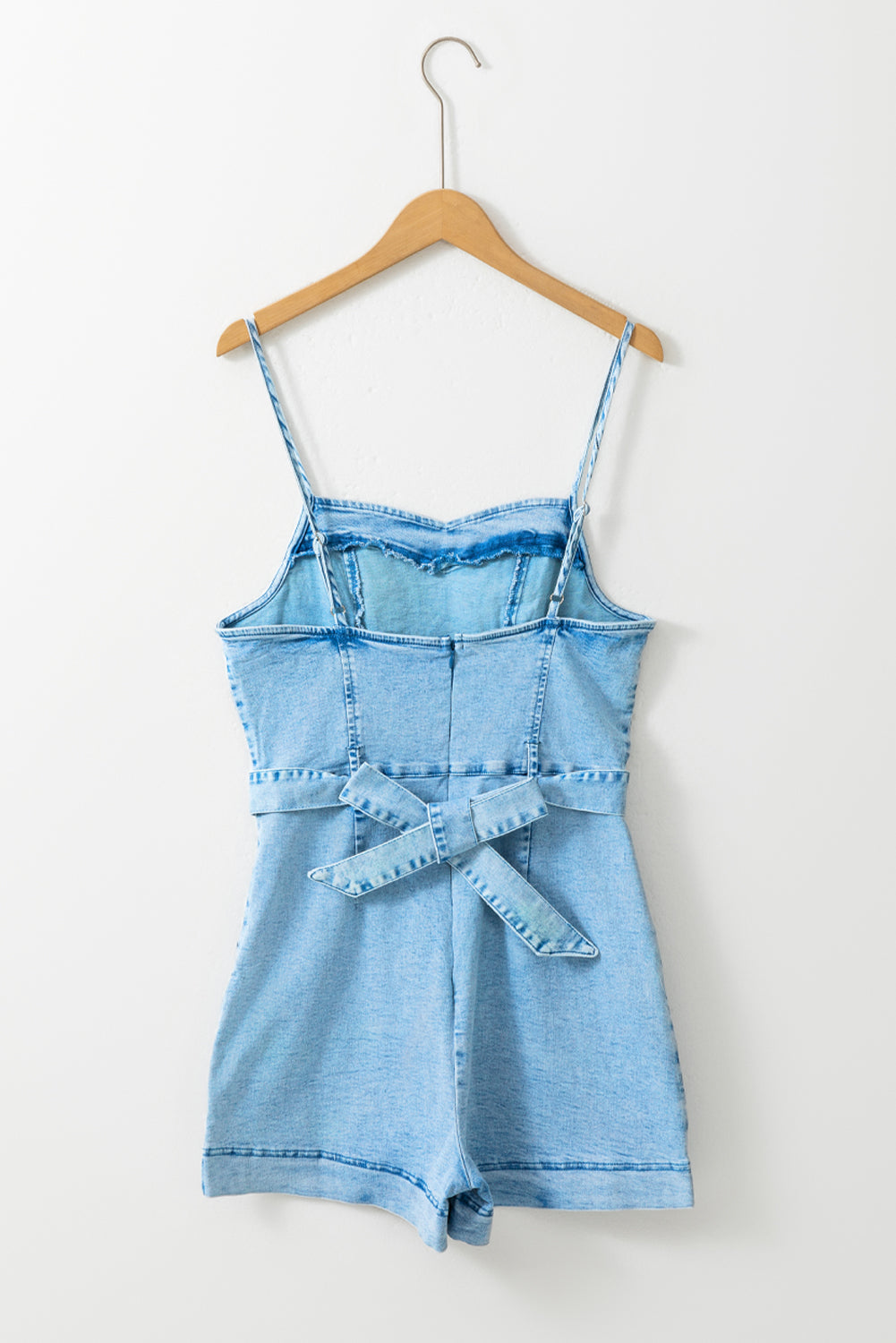 Beau Blue Spaghetti-Straps Belted Denim Romper