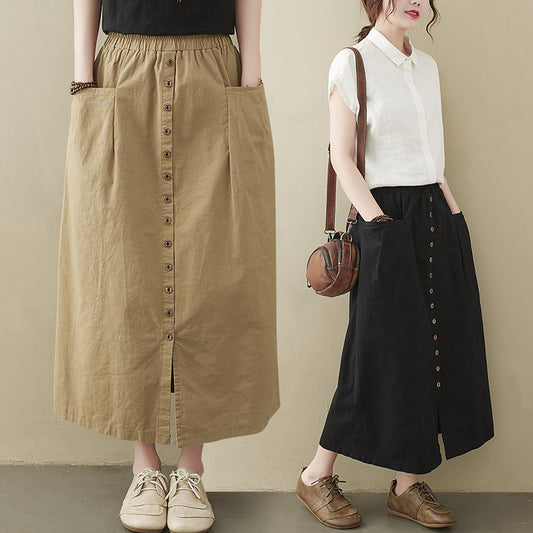 Literary Loose Solid Color Cotton And Linen Elastic Waist Skirt