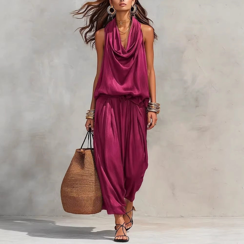 Draped-Neck Vest & Casual Pants Outfit