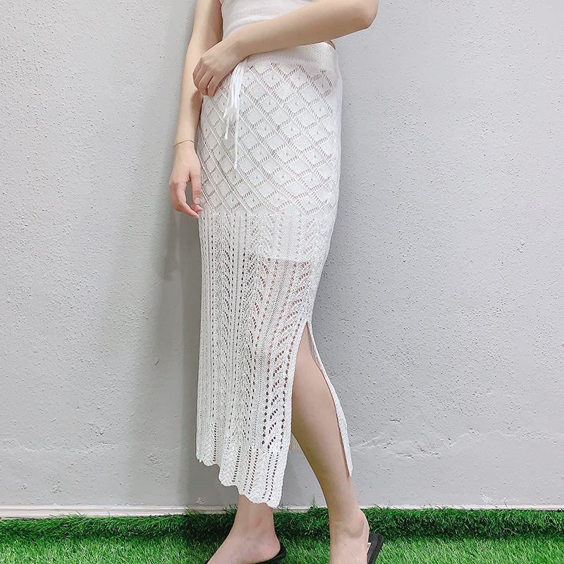 Lace-Up Knitted Mesh Skirt