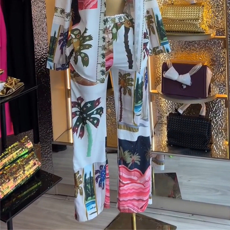 Printed Long-Sleeve Shirt Bralette & Wide-Leg Pants Set