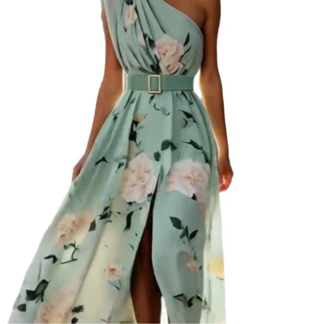 Women's Oblique Shoulder Digital Printing Sleeveless Vest Dress