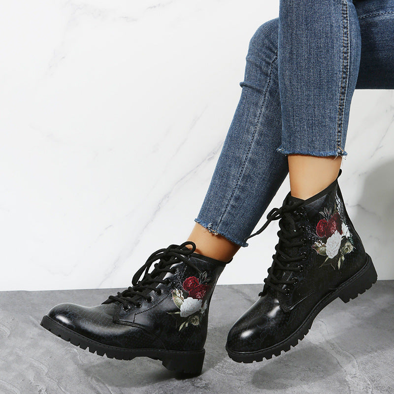 Rose Flower Print Lace-Up Ankle Boots