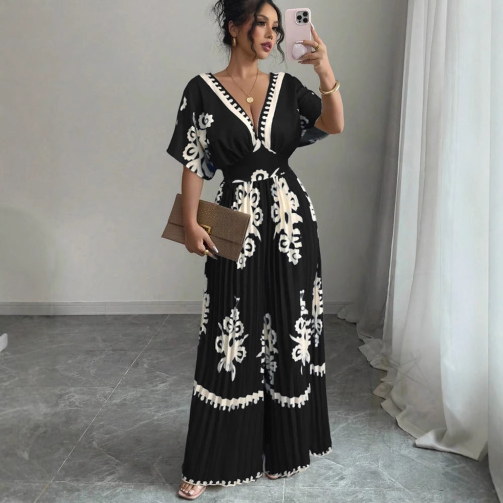 Casual Printed Loose Short-Sleeve Jumpsuit
