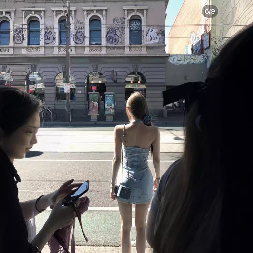 Mesh Embroidery Halter Dress