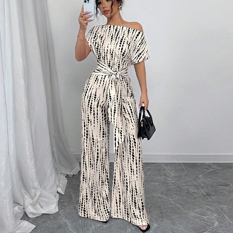 Vacation-Style Slant Shoulder Strap Wide-Leg Jumpsuit