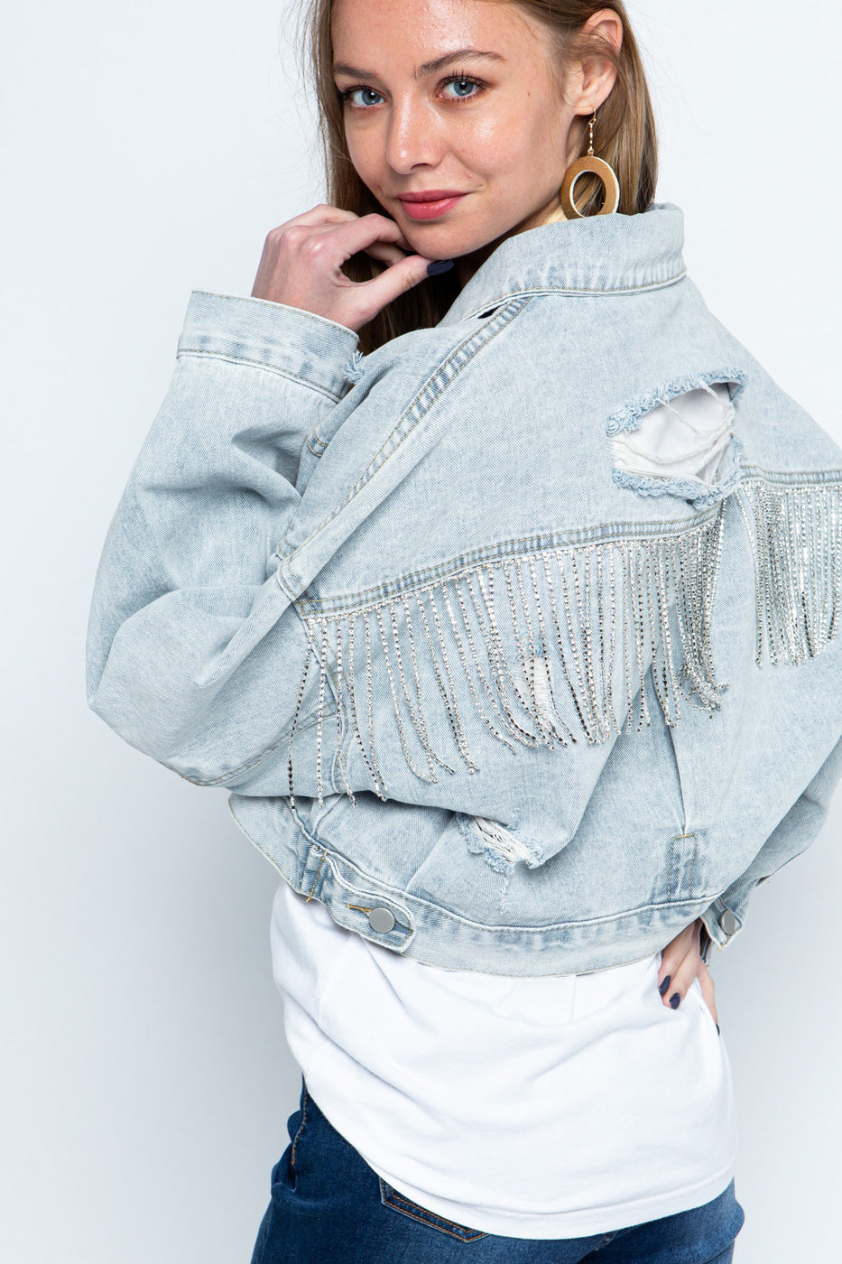 Ripped Rhinestone Tassel Long-Sleeve Denim Jacket