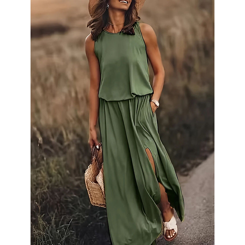 Pockets Sleeveless Crew-Neck Maxi Dress - US Only
