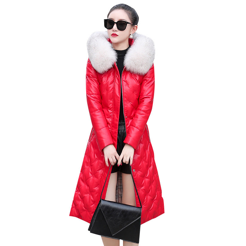 Mid-Length Hooded Down Leather Jacket For Women