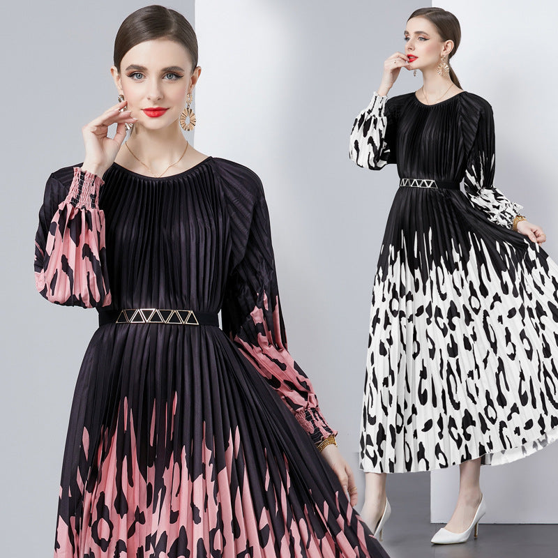 Women's Fashion Casual Multicolor Pleated Round Neck Dress