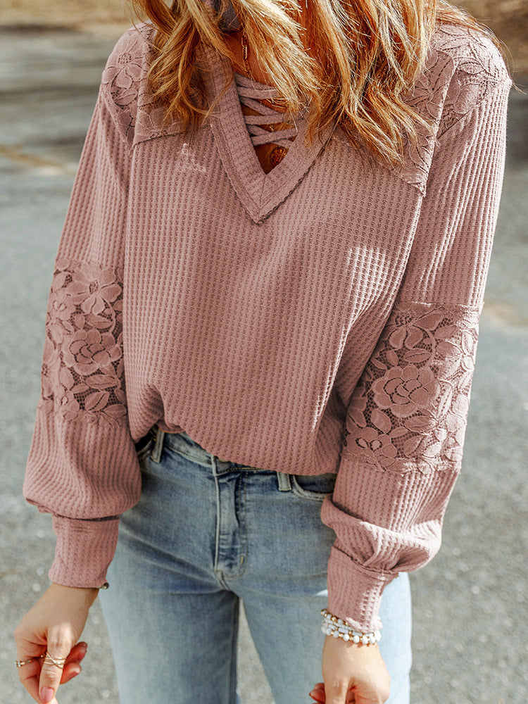 Lace Waffle Long-Sleeve Top