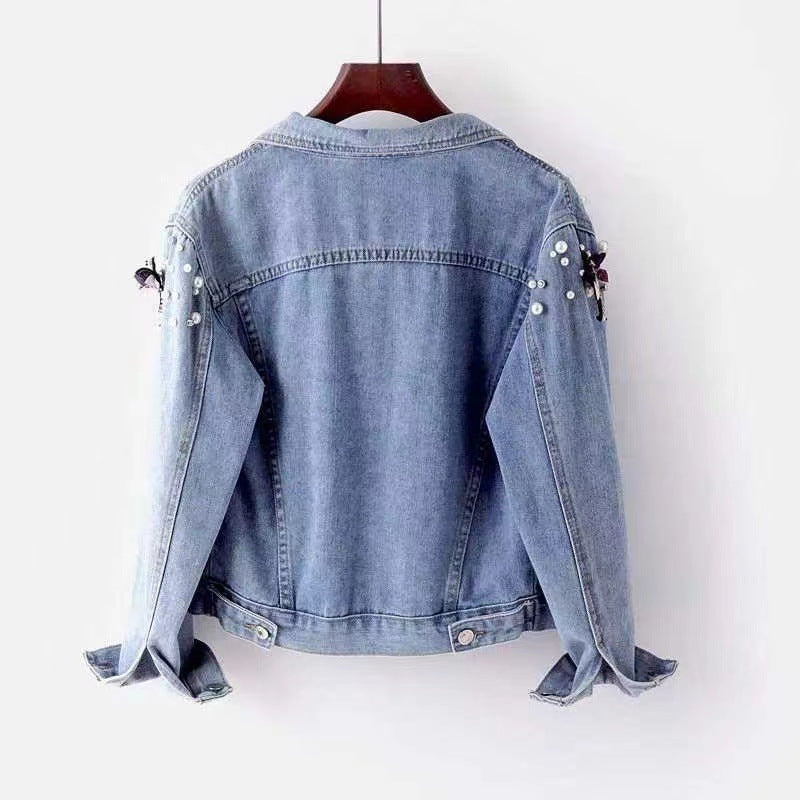 Dragonfly-Beaded Loose Short Denim Jacket