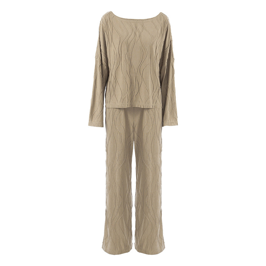 Comfortable Soft Knit Long-sleeve Top And Pants Pajama Set For Home Wear