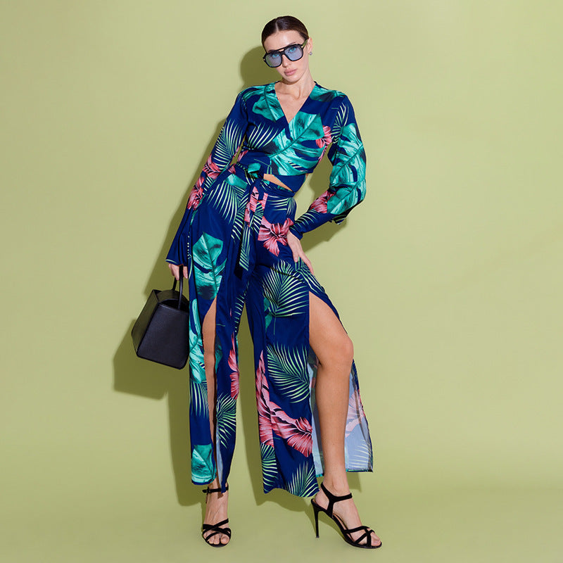 Street Bell Sleeve High Waist Slit Wide Leg Pants Suit