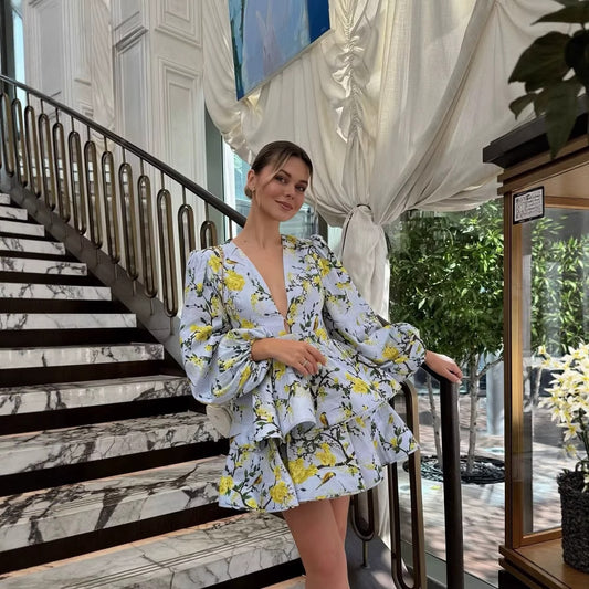 Printed V-Neck Lantern-Sleeve Short Dress