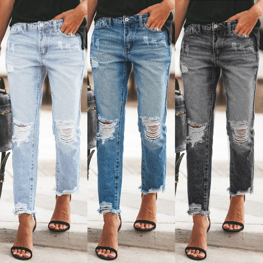 Women's Ripped Non-Elastic Retro Fashion Jeans
