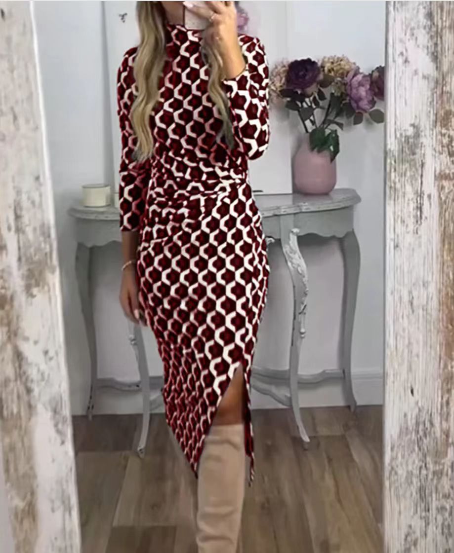 Floral Print Split Round-Neck Long-Sleeved Dress