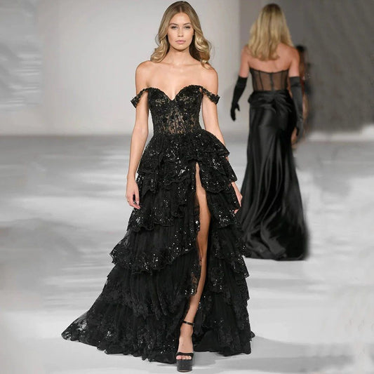 French-Style Black Satin Evening Dress
