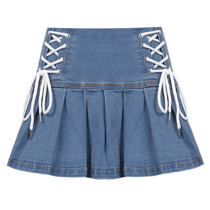 Hot Girl Lace Pleated Denim Skirt