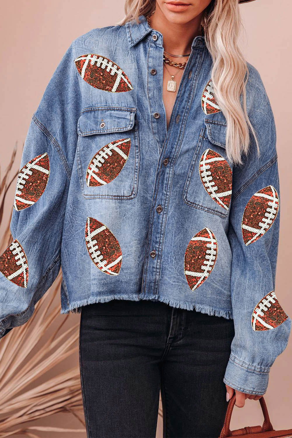 Sky-Blue Sequin Rugby Graphic Flap-Pockets Raw-Hem Denim Jacket