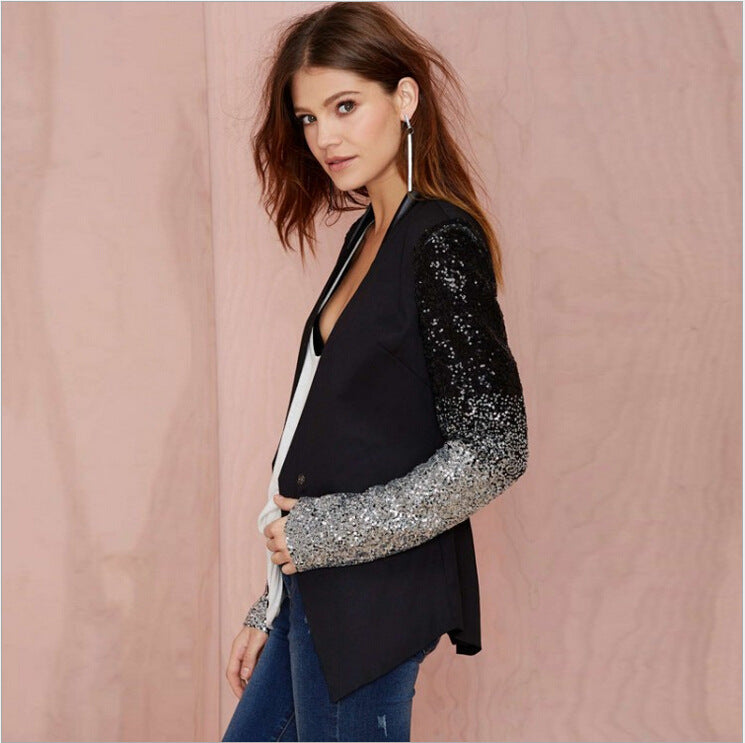 Women Thin Jacket Coat 2021 Spring Autumn Long Sleeve Lapel Fashion Silver Black Sequin Elegant Slim Work Blazers Suit feminino